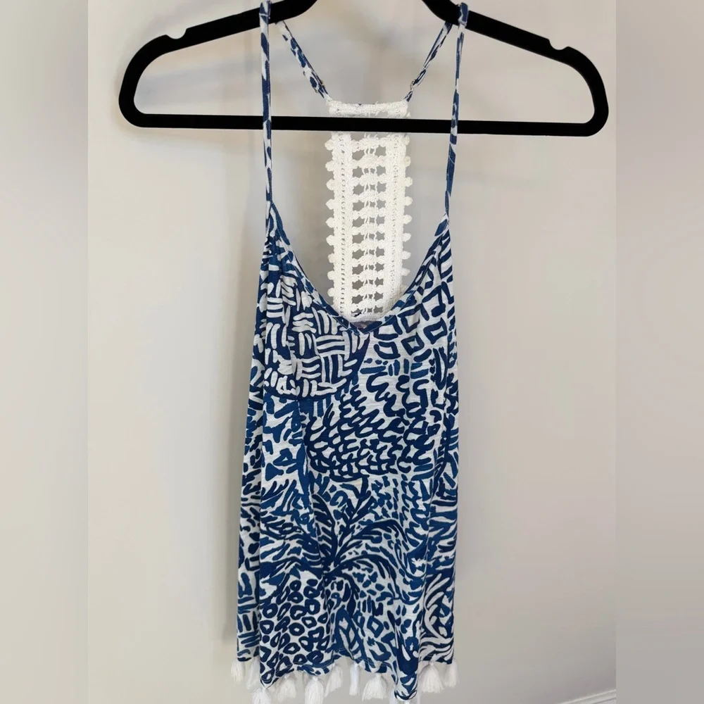 Lilly Pulitzer Blue White Crochet Back Tassel Top Tank Medium - Picture 1 of 5